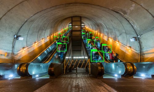 Technology face detection concept, Artificial Intelligence for Deep Learning Technology over photo blur of Undefinedd passenger travel with escalator in washington dc subway in rush hour